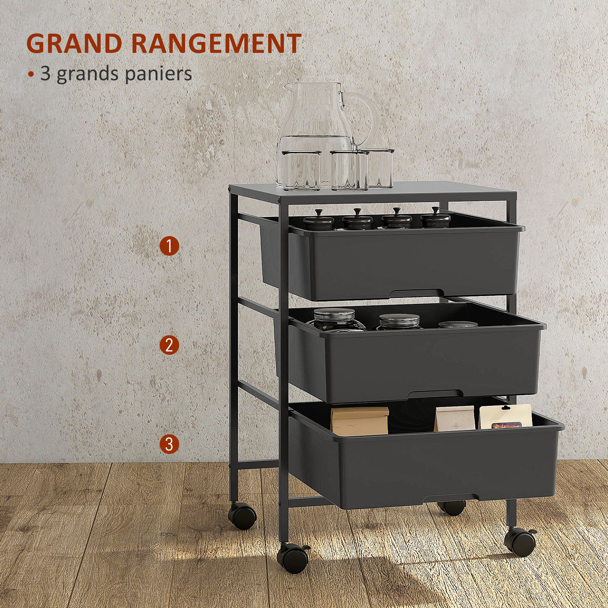 Desserte à roulettes, chariot de rangement à roulettes en acier chariot de service à 3 niveaux, plateau et 3 panier-3