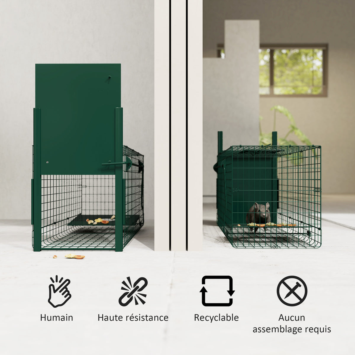 Cage attrape animaux nuisibles 1 entrée dim. 80L x 25l x 30H cm vert foncé-4