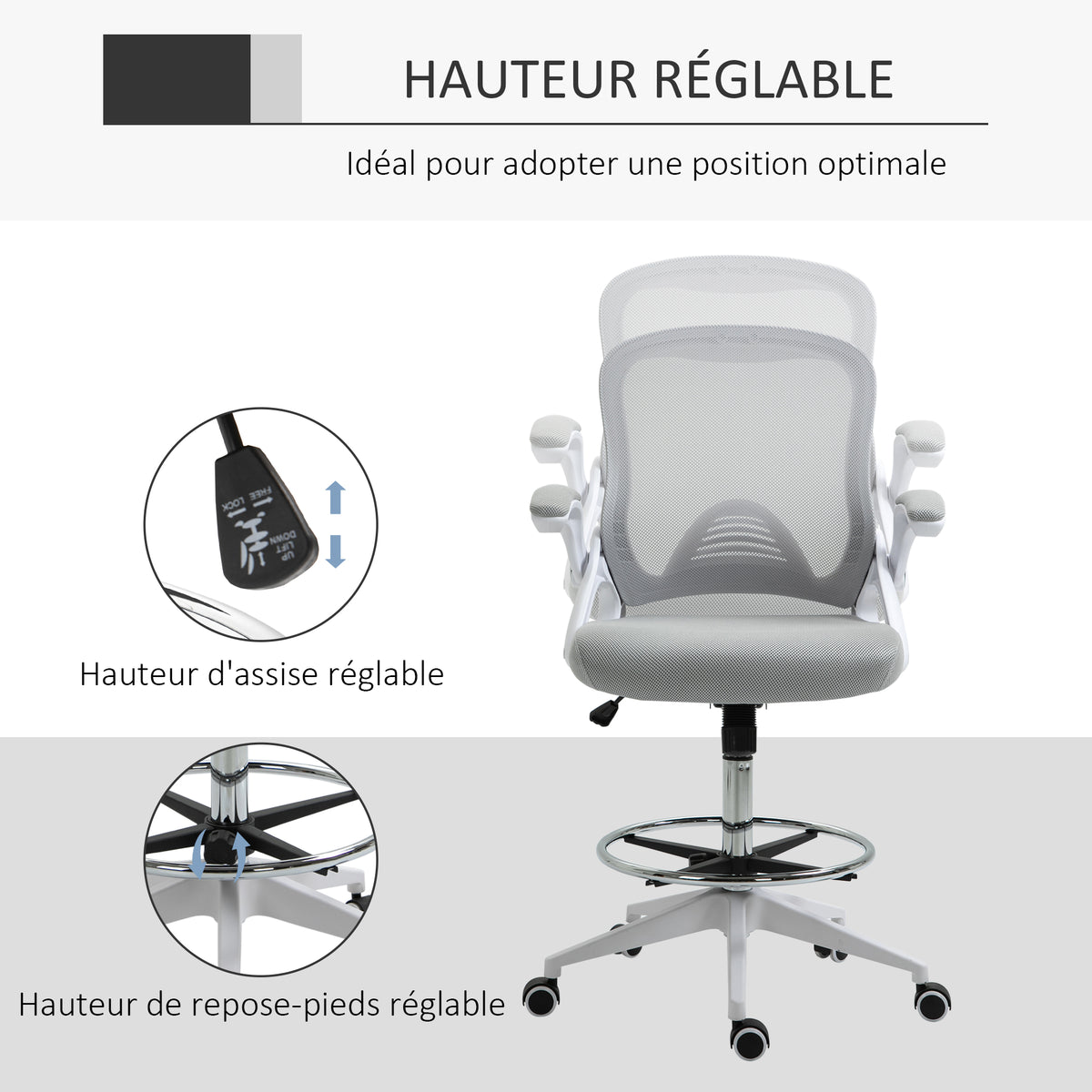 Lot de 2 fauteuils de bureau chaise de bureau assise haute réglable dim. 64L x 60l x 106-126H cm pivotant 360° maille-3