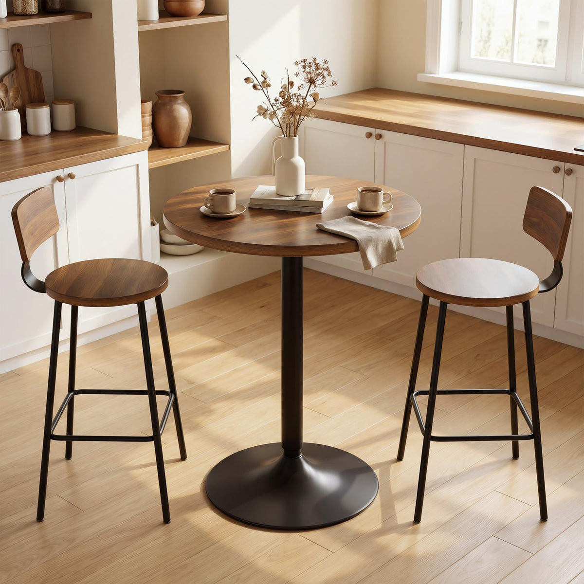 Table de bar ronde 60 cm, table haute cuisine mange-debout avec patins antidérapants, pour cuisine, salon, noyer-1