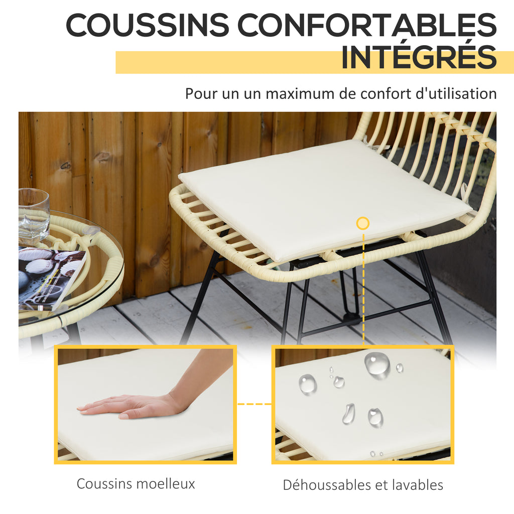 Ensemble bistro de jardin 3 pièces 2 chaises + table basse ronde verre trempé 2 coussins crème-5