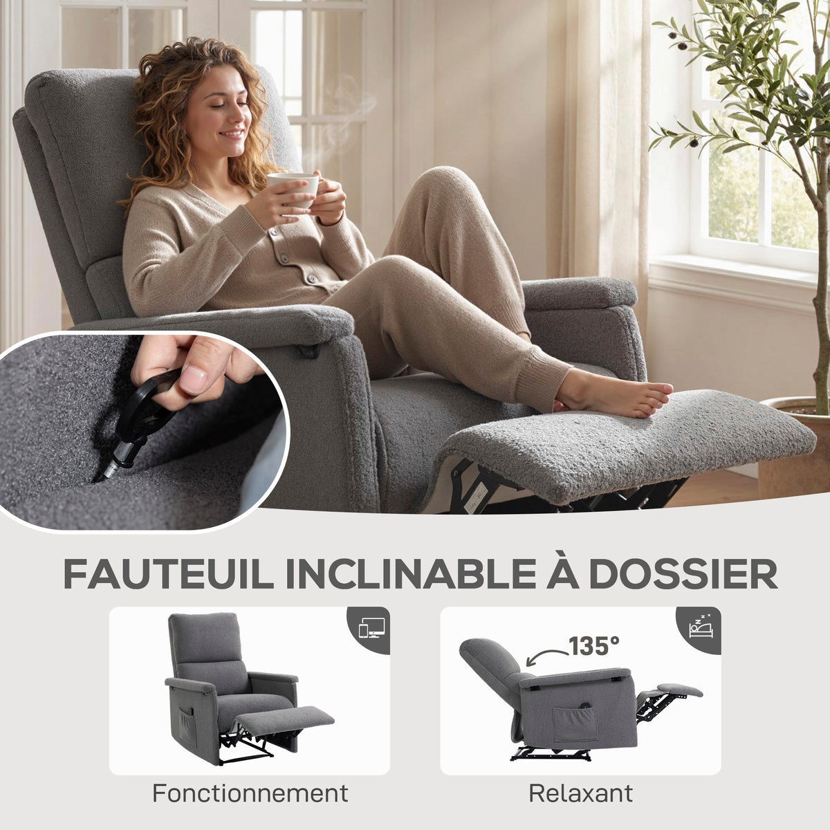 Fauteuil de massage inclinable, fauteuil de relaxation, dossier réglable, large assise, repose-pied, 69x84x99cm, gris-3