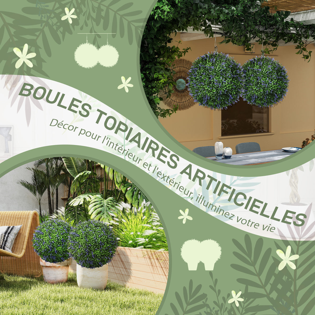 Lot de 2 boules topiaires artificielles, fausses plantes décoratives résistantes aux UV, Ø 42 cm, violet et vert-3