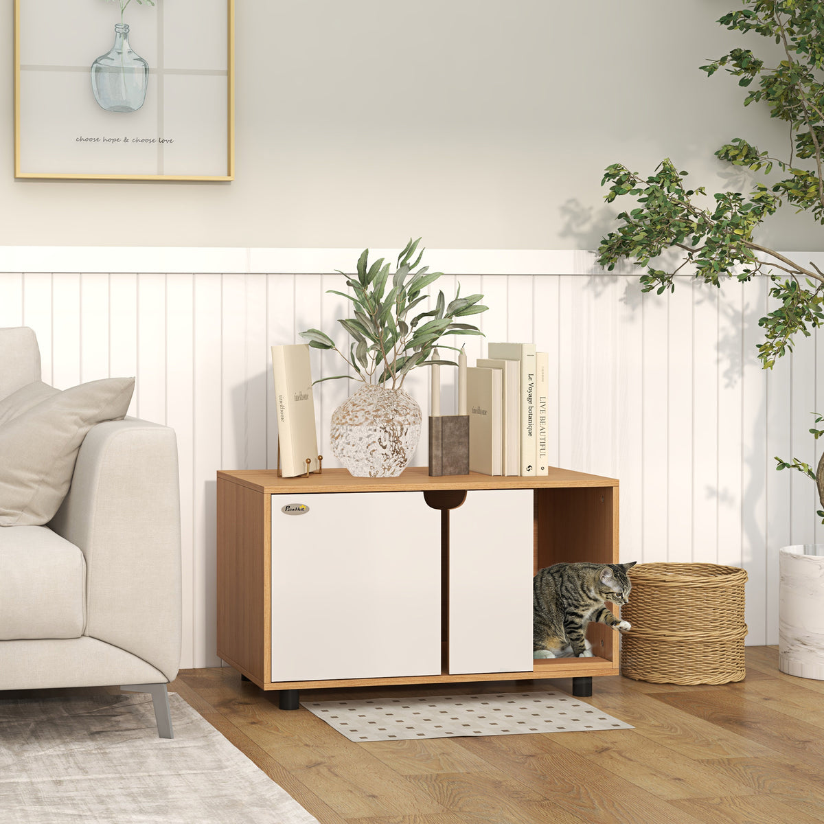 Meuble à litière maison de toilette sur pieds pour chat 2 en 1 portes style scandinave 80 x 48 x 48 cm naturel et blanc-9