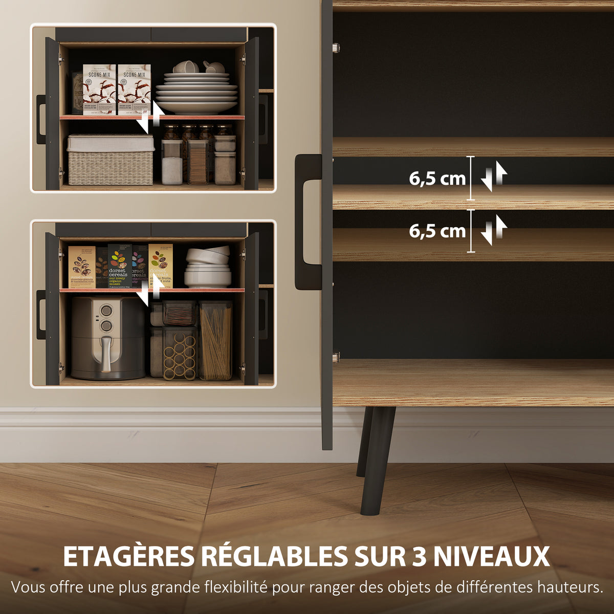 Buffet cuisine meuble cuisine rangement haut avec lumière LED RGB plan de travail 6 portes 2 tiroirs 100x40x176cm noir-5