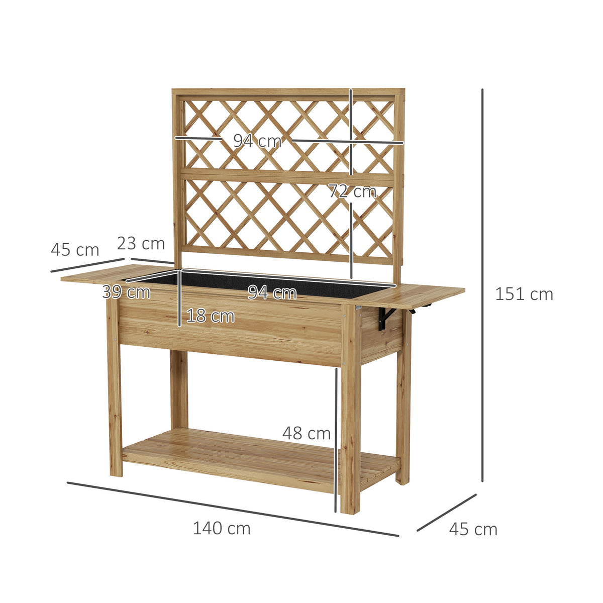 Jardinière rectangulaire sur pieds avec treillis 2 tablettes latérales rabattables 1 étagère inférieure bois-2