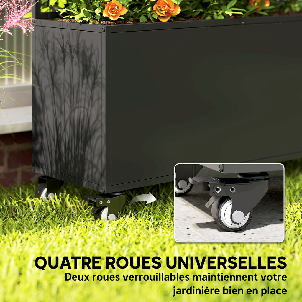 Jardinière avec treillis, bac à fleurs, avec brise-vue et roulettes verrouillables, métal, 90 x 30 x 160 cm, noir-5