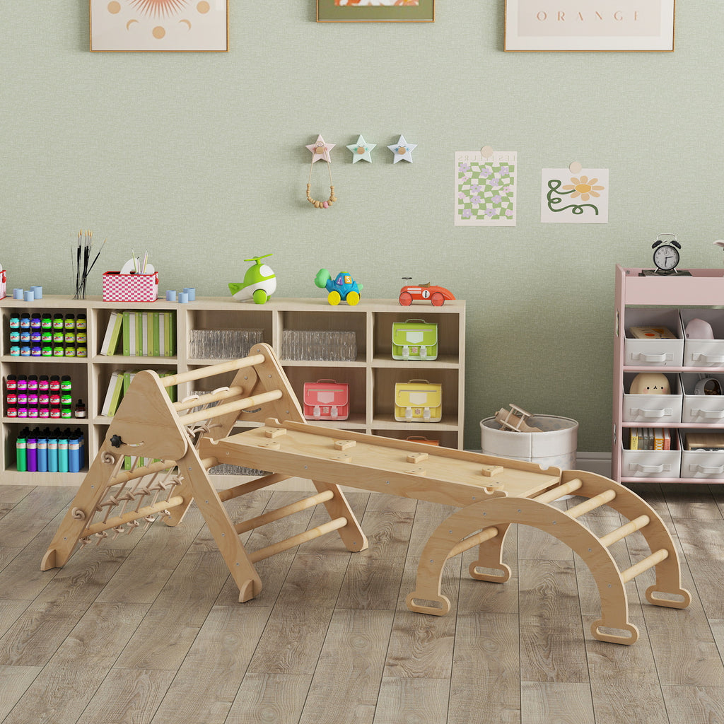 Triangle d'escalade enfants 8 en 1 avec rampe double face, arc d'escalade en bois avec toboggan & échelle, naturel-8