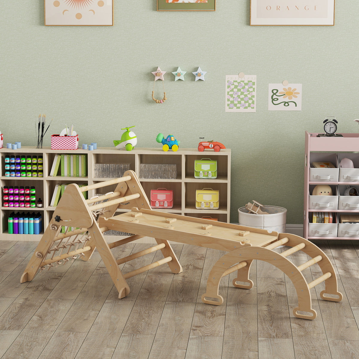 Triangle d'escalade enfants 8 en 1 avec rampe double face, arc d'escalade en bois avec toboggan & échelle, naturel-8