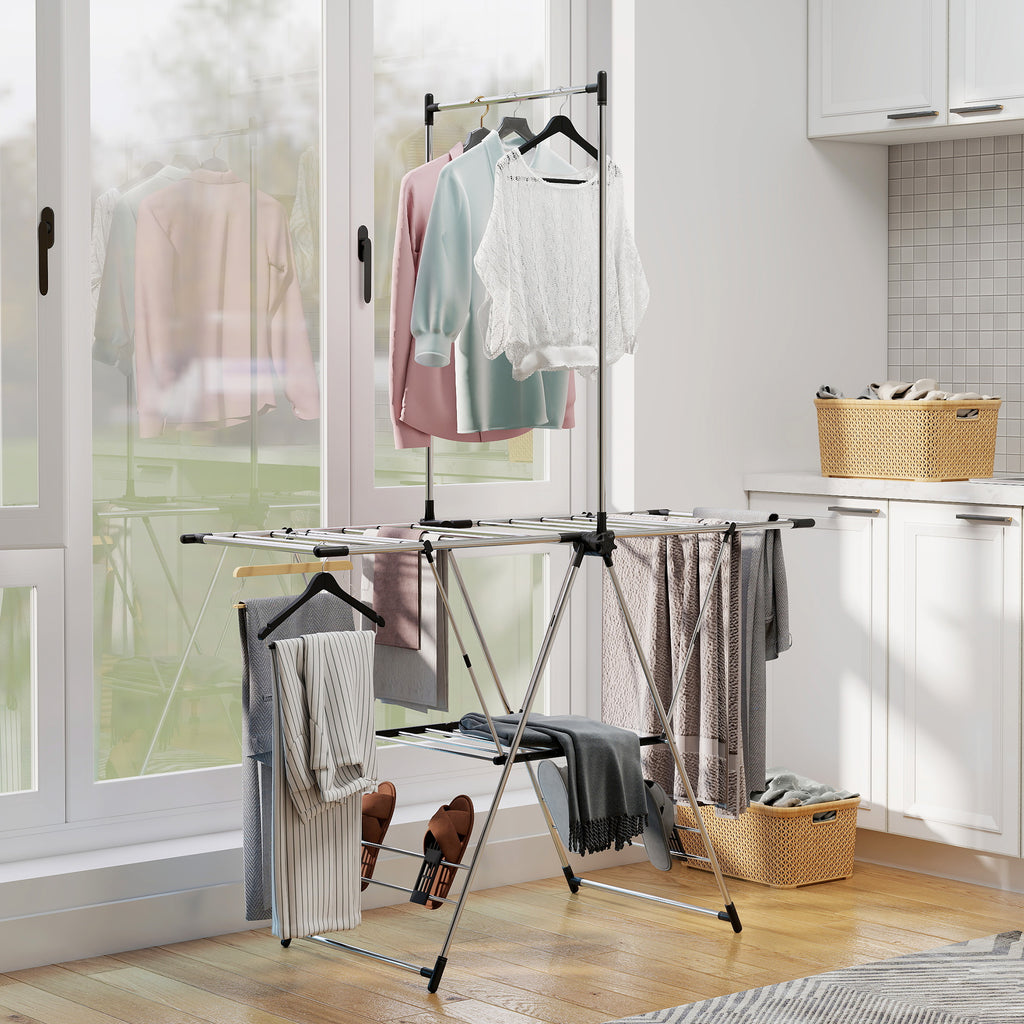 Séchoir à linge étendoir pliable, ailes réglables 5 niveaux, 4 supports à chaussures, acier inoxydable, argenté-9