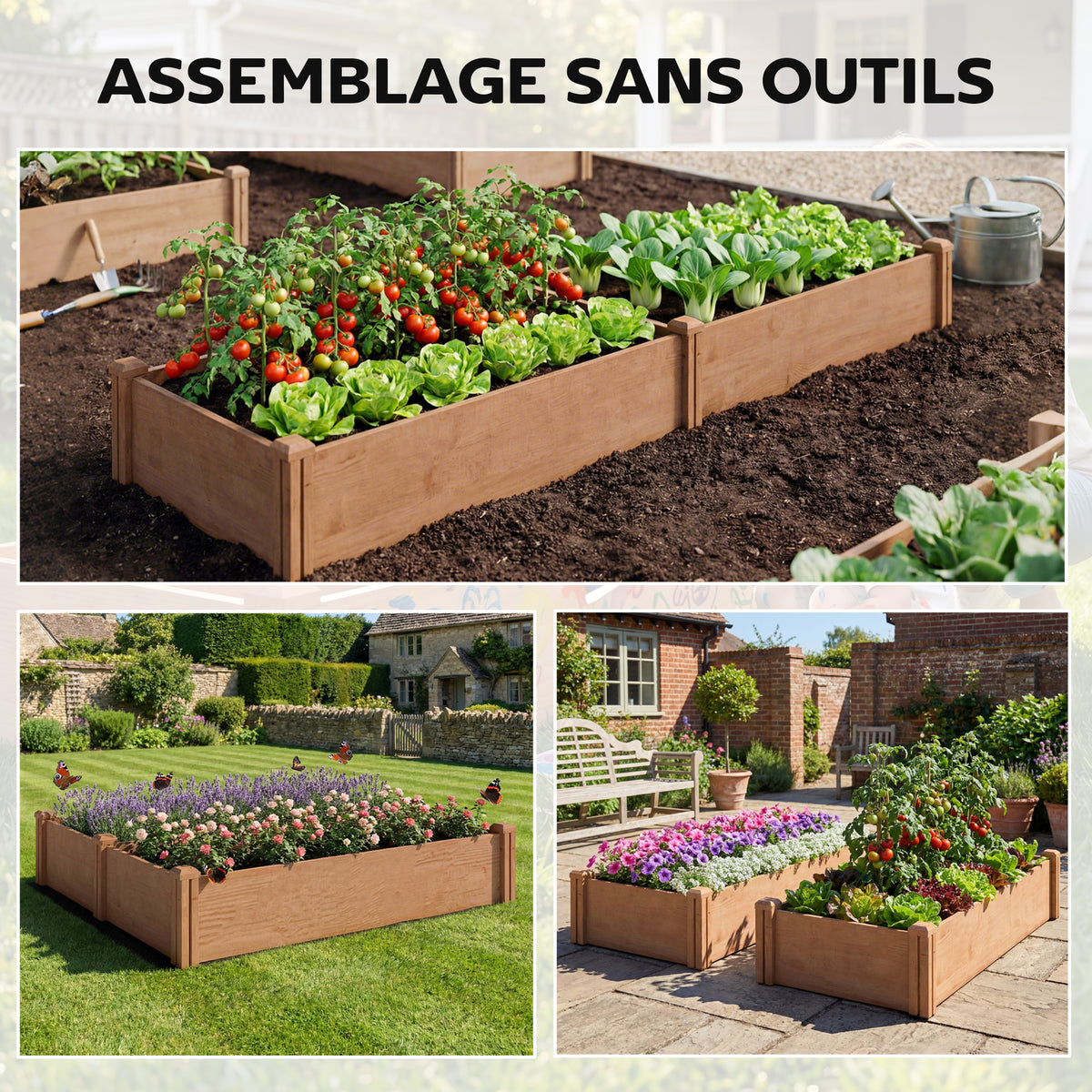 Carré Potager en Bois Lit de Jardin Surélevé 4 Zones de Culture Fond Ouvert Montage sans Outil 234x109x25cm Marron Clair-3
