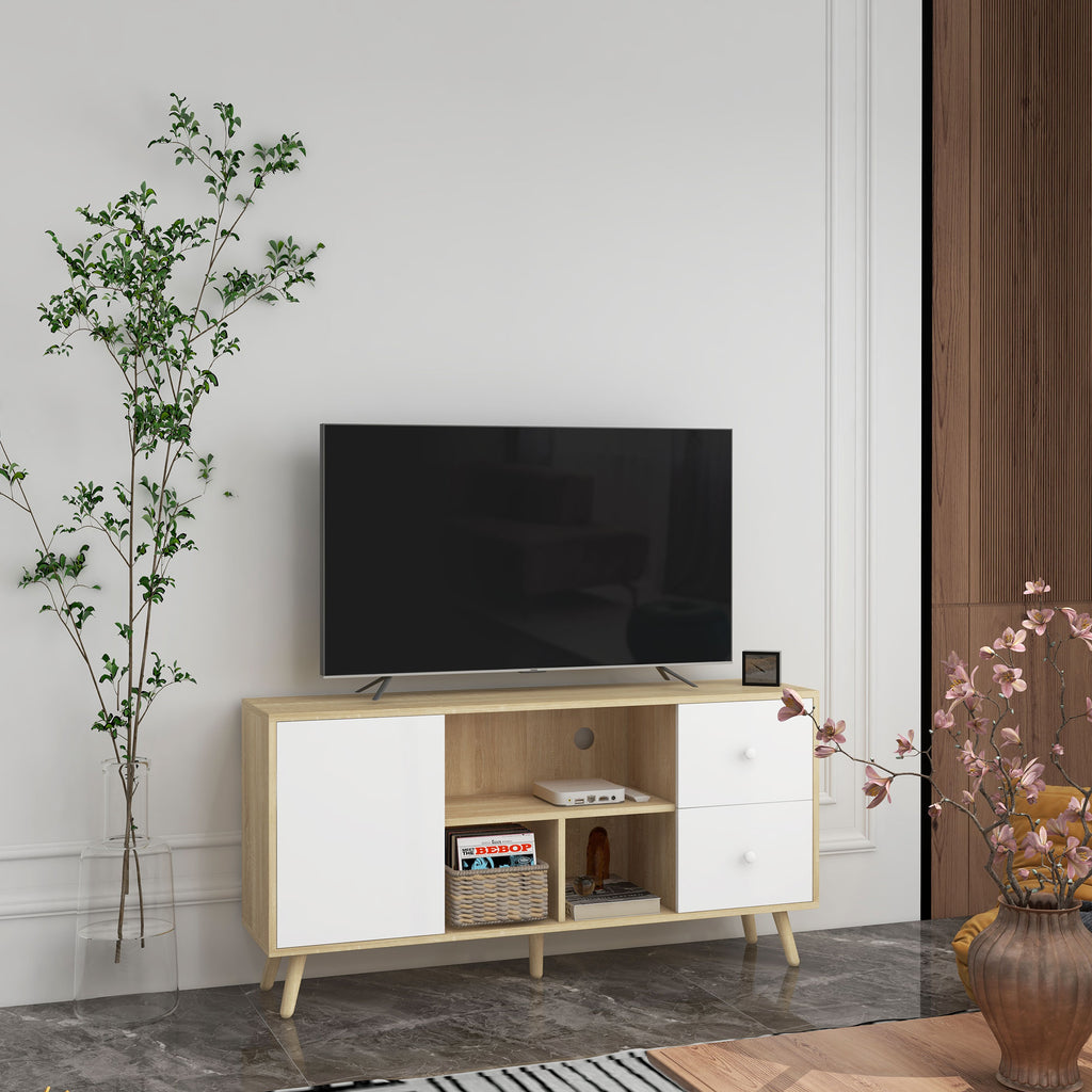Meuble TV pour télévision jusqu'à 45 pouces pieds en bois massif style scandinave 3 niches 1 placard 120 x 30 x 60 cm-1