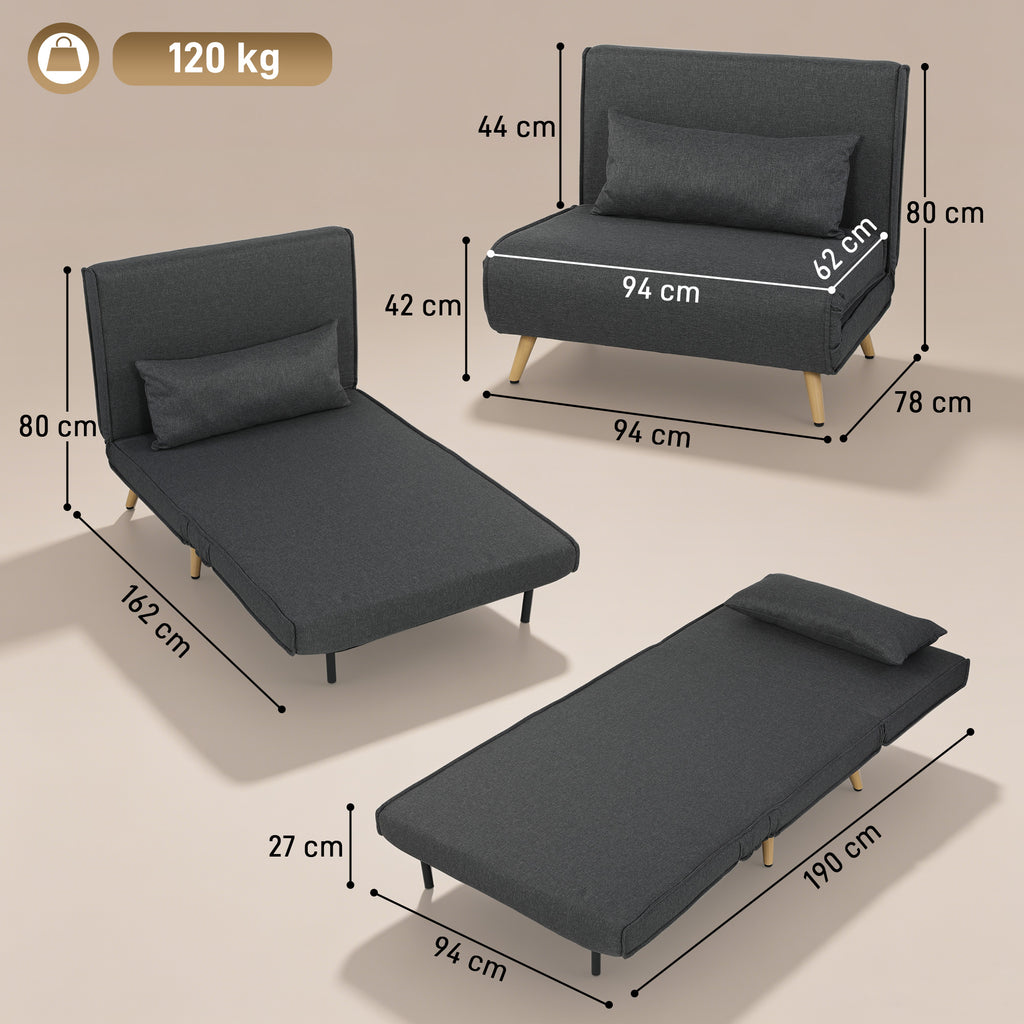 Canapé-lit 1 place avec dossier réglable, coussin inclus et pieds pliables charge 120 kg gris-2