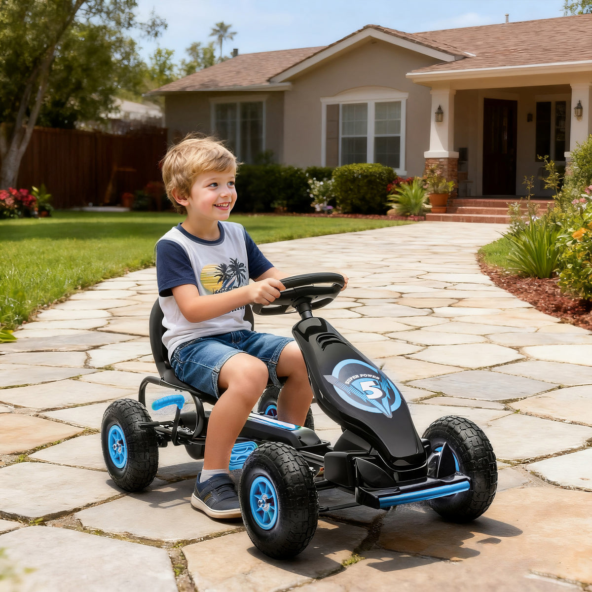 Kart à pédales pour enfant siège réglable 3 positions frein à main enfant de 5 à 12 ans bleu noir-1