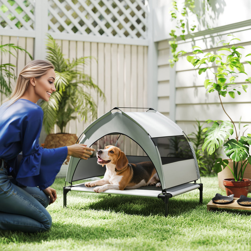 Lit pour Chien Surélevé Tente pour Chien avec Auvent Tente 3 Côtés Respirant Textilène Sac 76x61x70cm Gris Clair-9