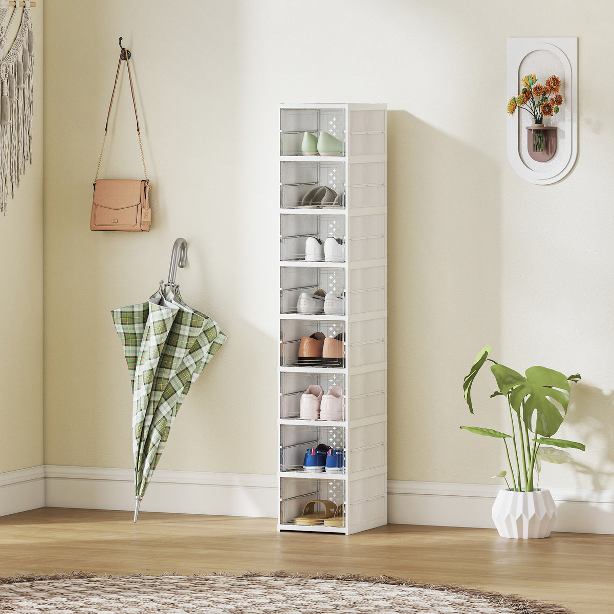 Lot de 8 boîtes à chaussures pliables en plastique empilables avec couvercles, pour pointure jusqu'à 43, blanc-9