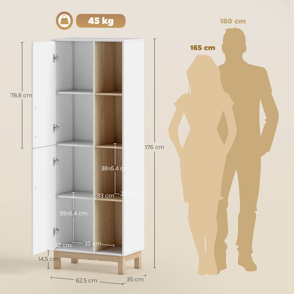 Meuble de Salle de Bain, Meuble de Rangement, 2 Portes, 4 Compartiments Ouverts et Étagères Réglables, Blanc et Naturel-2
