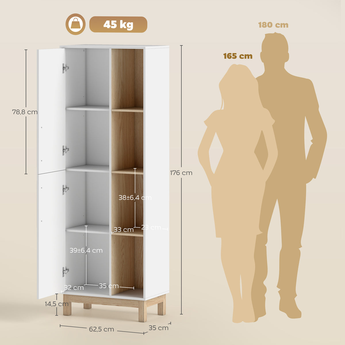 Meuble de Salle de Bain, Meuble de Rangement, 2 Portes, 4 Compartiments Ouverts et Étagères Réglables, Blanc et Naturel-2