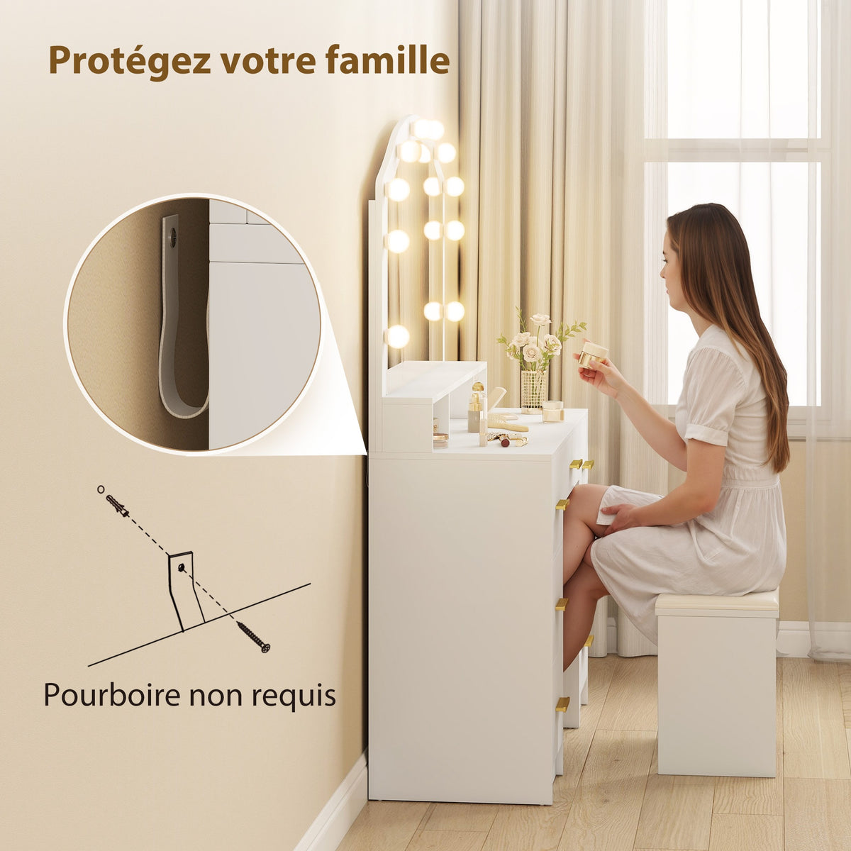 Coiffeuse avec Miroir, Lumières LED Réglable 3 Couleurs, 7 Tiroirs, 3 Compartiments Ouverts, 110 x 40 x 150 cm, Blanc-6