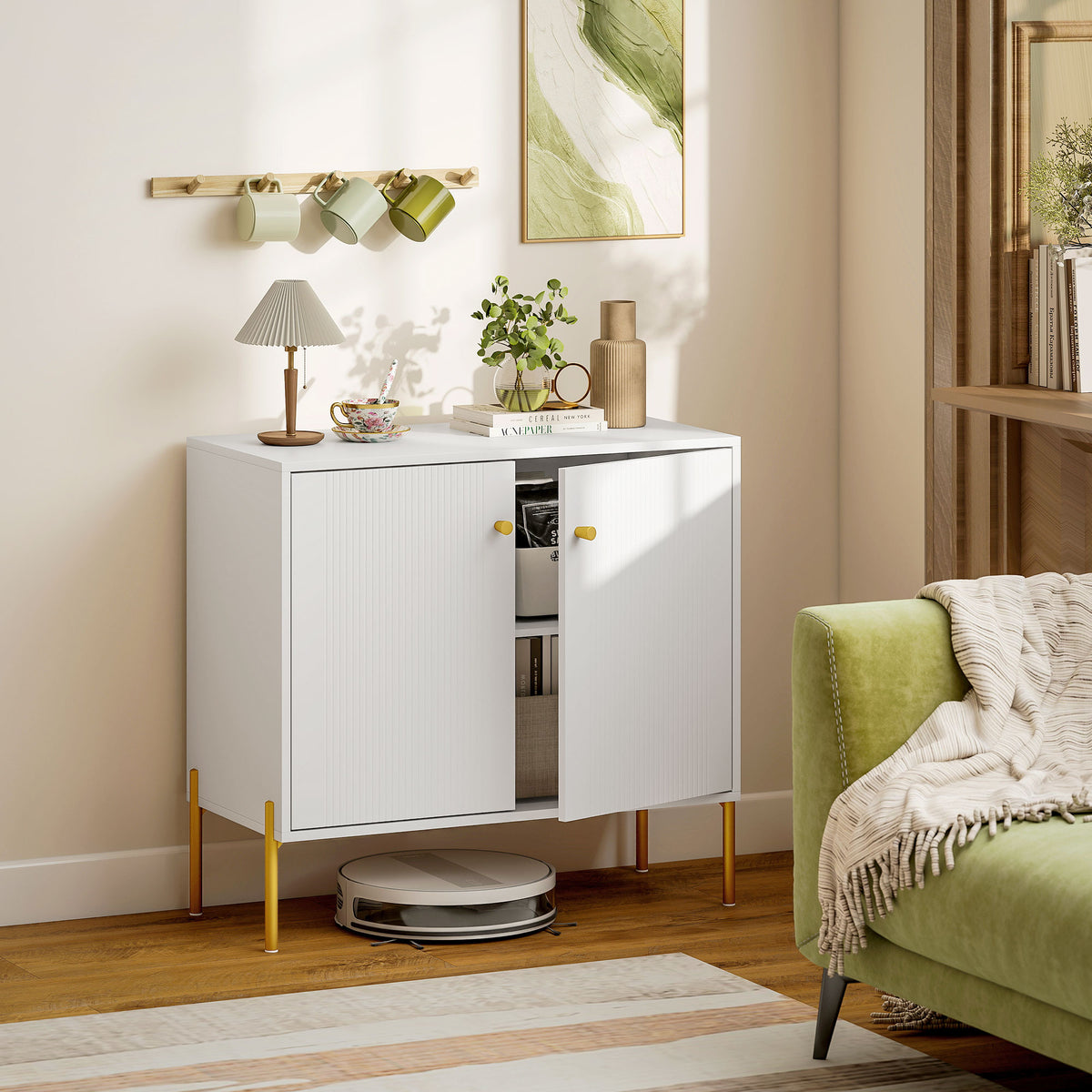Buffet salon, meuble de rangement avec double porte cannelée, étagère réglable, pieds en acier, 80 x 39,1 x 76 cm, blanc-1