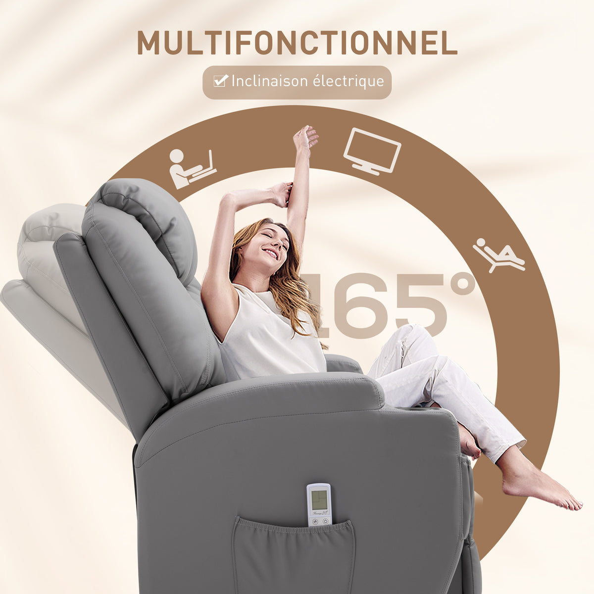 Fauteuil de Massage Inclinable, Chaise de Relaxation avec dossier et repose-pied électrique réglables revêtement synthétique pour Salon, Chambre, Cinéma Maison Gris-4