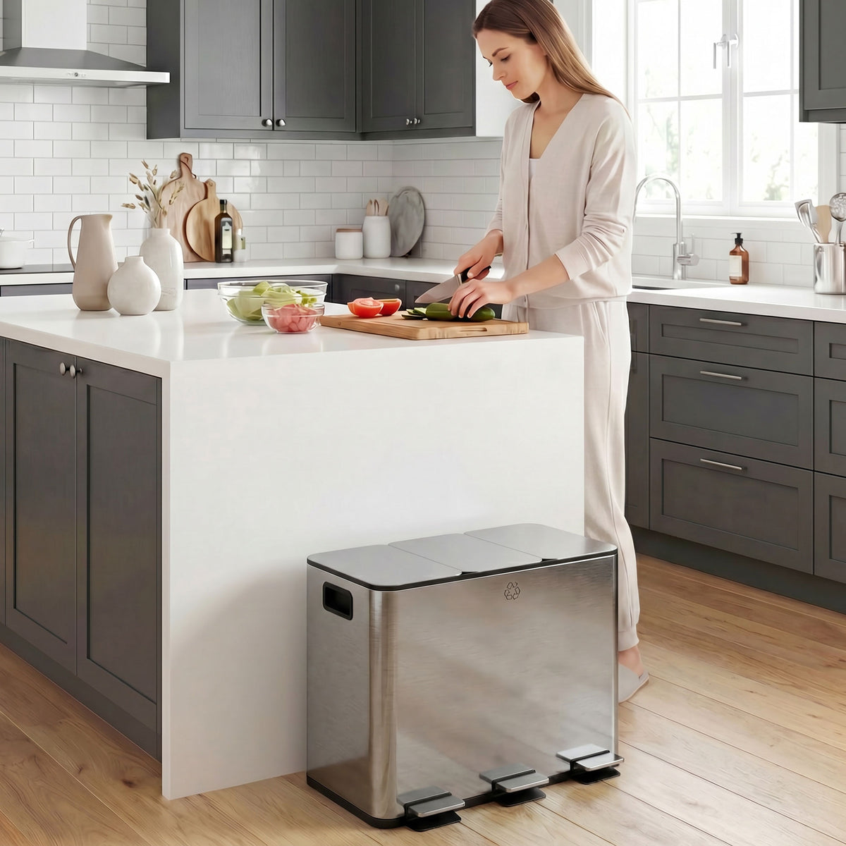 Poubelle de cuisine, poubelle tri sélectif, 3 compartiments de 20L, seaux intérieurs amovibles, 61,9x36,6x56,7cm, argent-4