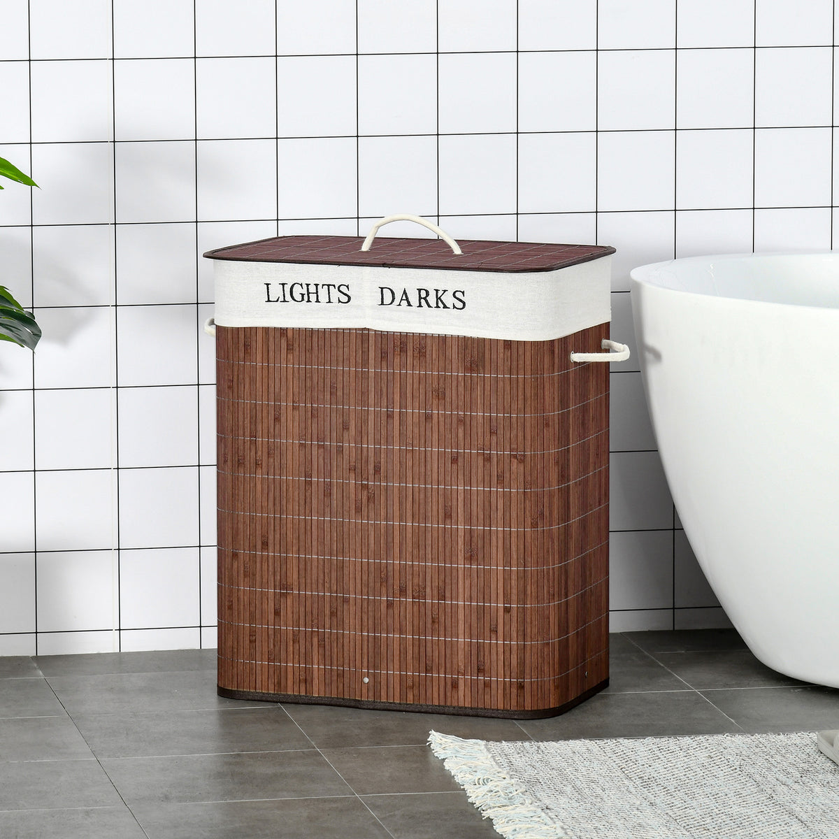 Panier à linge 100L avec 2 bacs bambou pliable couvercle poignée avec Sac amovible et lavable marron-1