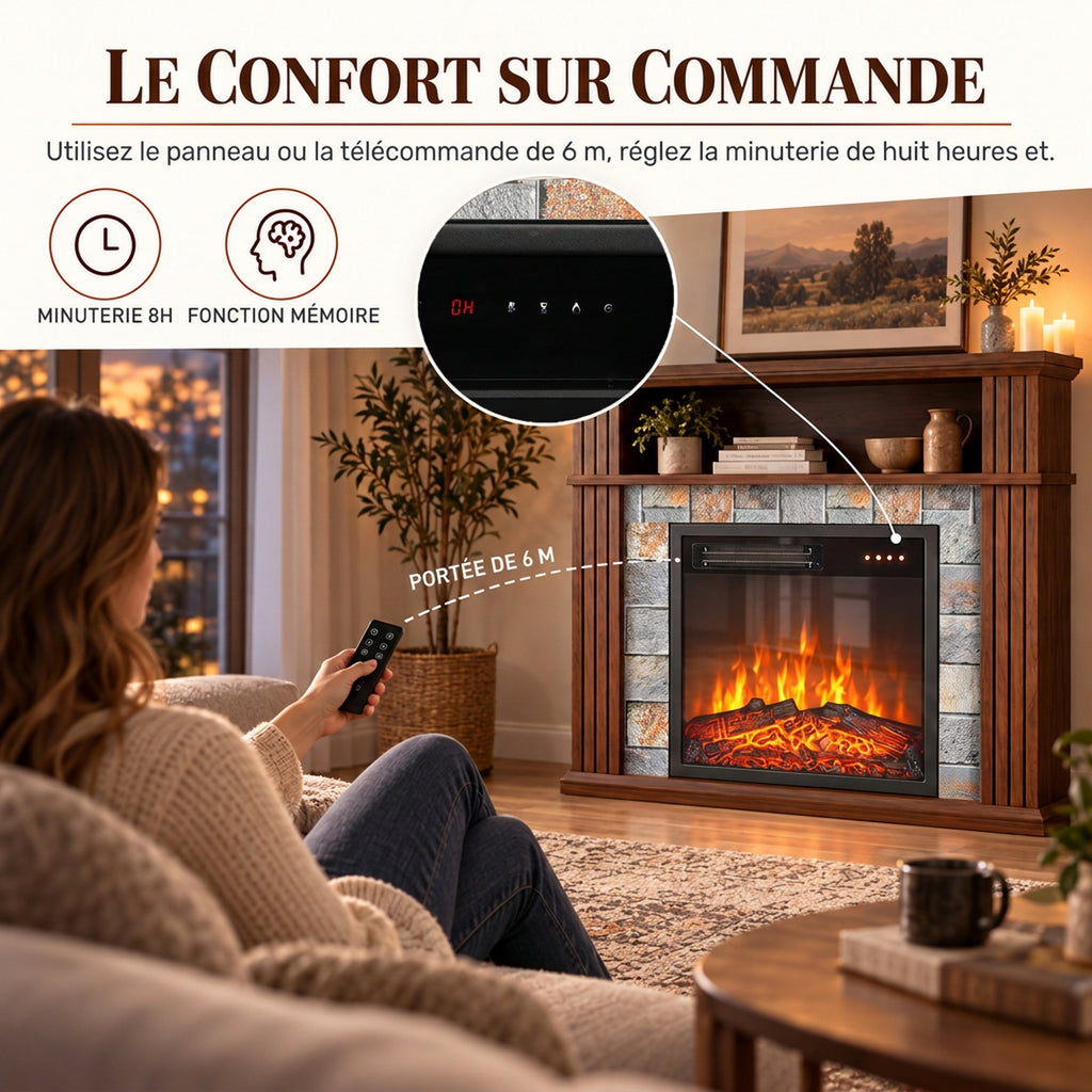 Cheminée Électrique 1800 W, Effet Flamme LED Réaliste, Compartiment Ouvert, 5 Niveaux de Luminosité, Manteau, Marron-6
