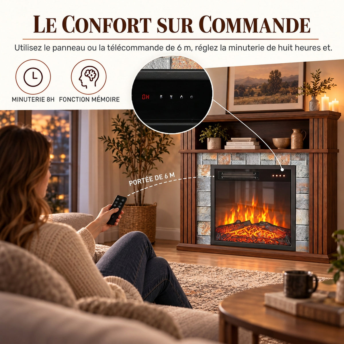 Cheminée Électrique 1800 W, Effet Flamme LED Réaliste, Compartiment Ouvert, 5 Niveaux de Luminosité, Manteau, Marron-6