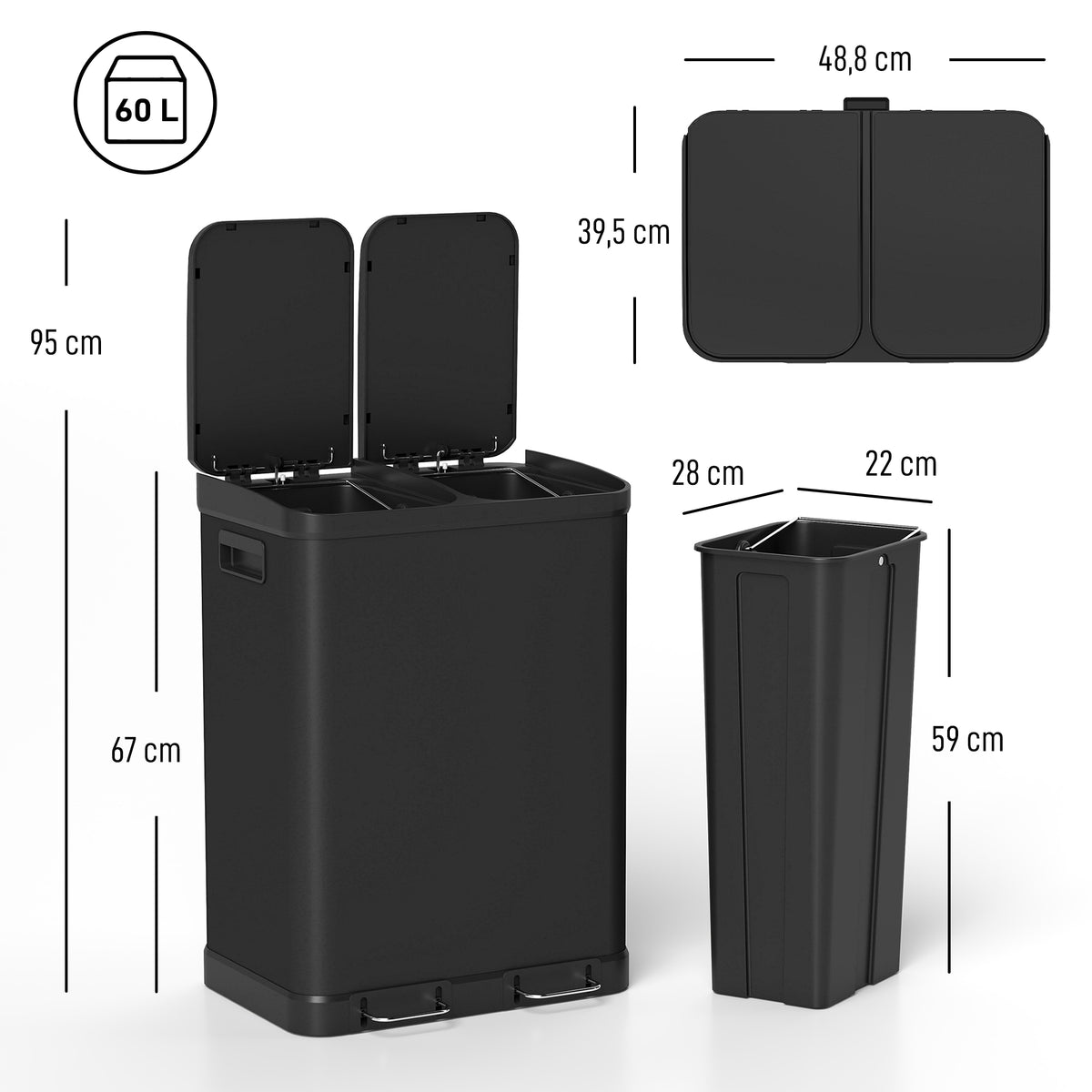 Poubelle de cuisine à double compartiment 2 x 30L avec pédale en acier inoxydable, couvercle à fermeture douce, noir-2