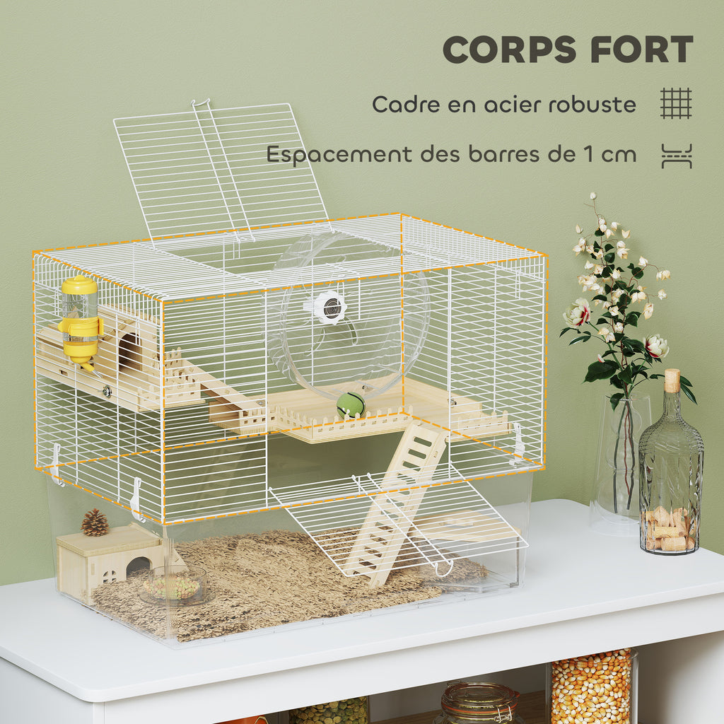Cage à hamster à 3 niveaux, cage rongeur avec roue d'exercice, plateau profond transparent, 59 x 35,5 x 47 cm, blanc-6