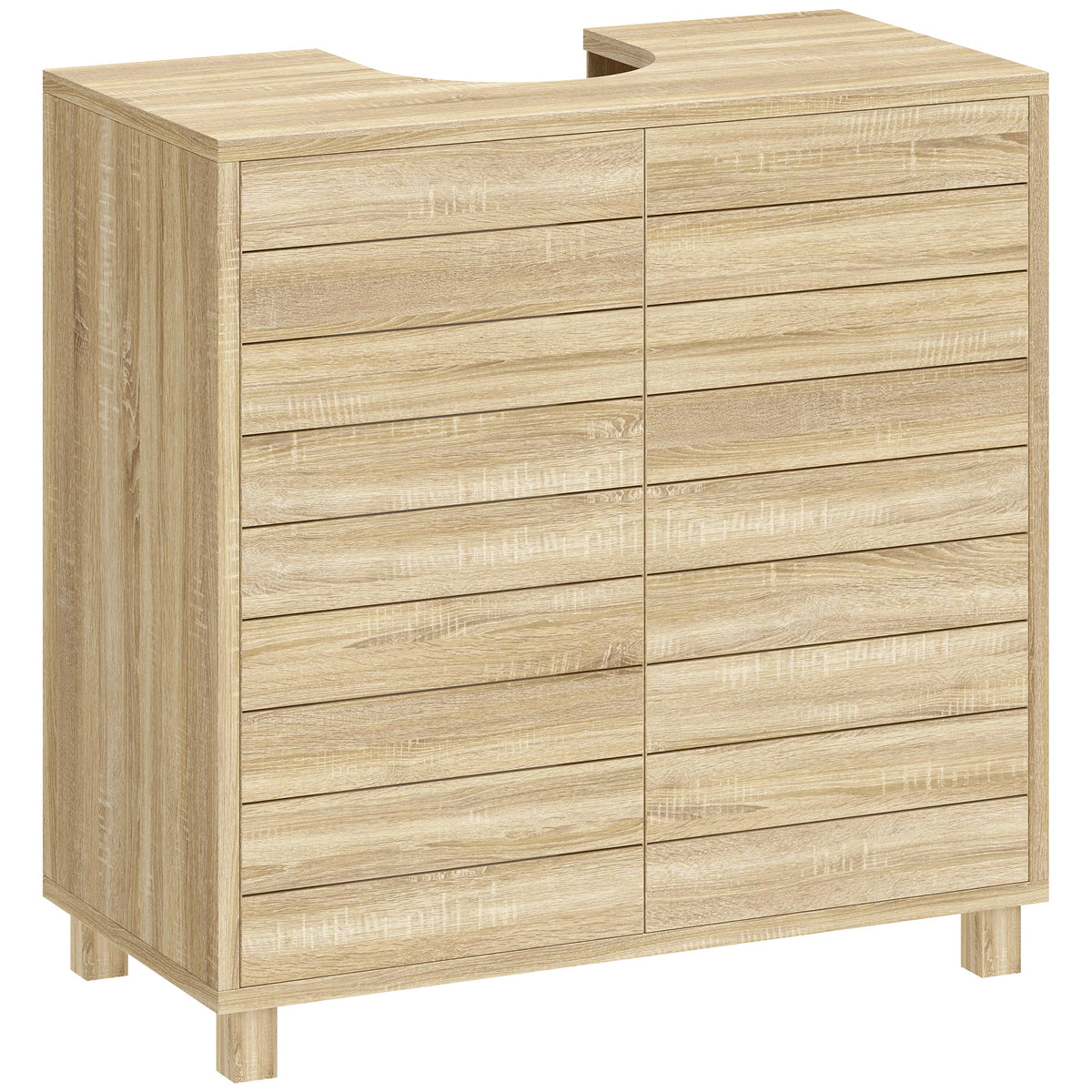 Meuble sous Lavabo, Découpe en Forme U, Portes à Lattes, Étagère Réglable, Ouverture par Pression, 60x30x60cm, Naturel-0