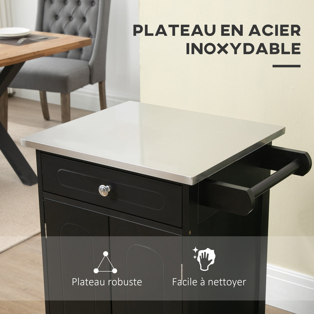 Chariot de service desserte de cuisine à roulettes multi-rangements 1 tiroir placard 2 portes avec étagère porte-torchons MDF noir acier inoxydable-4