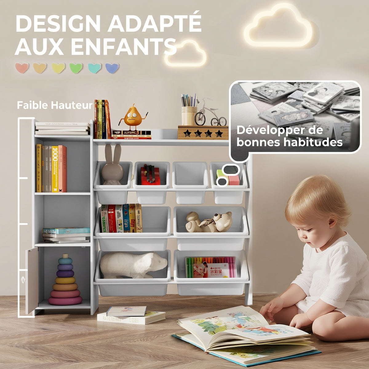 Meuble rangement enfant 3 à 8 ans, rangement jouets enfant avec 8 bacs amovibles, étagères de rangement, placard, blanc-4