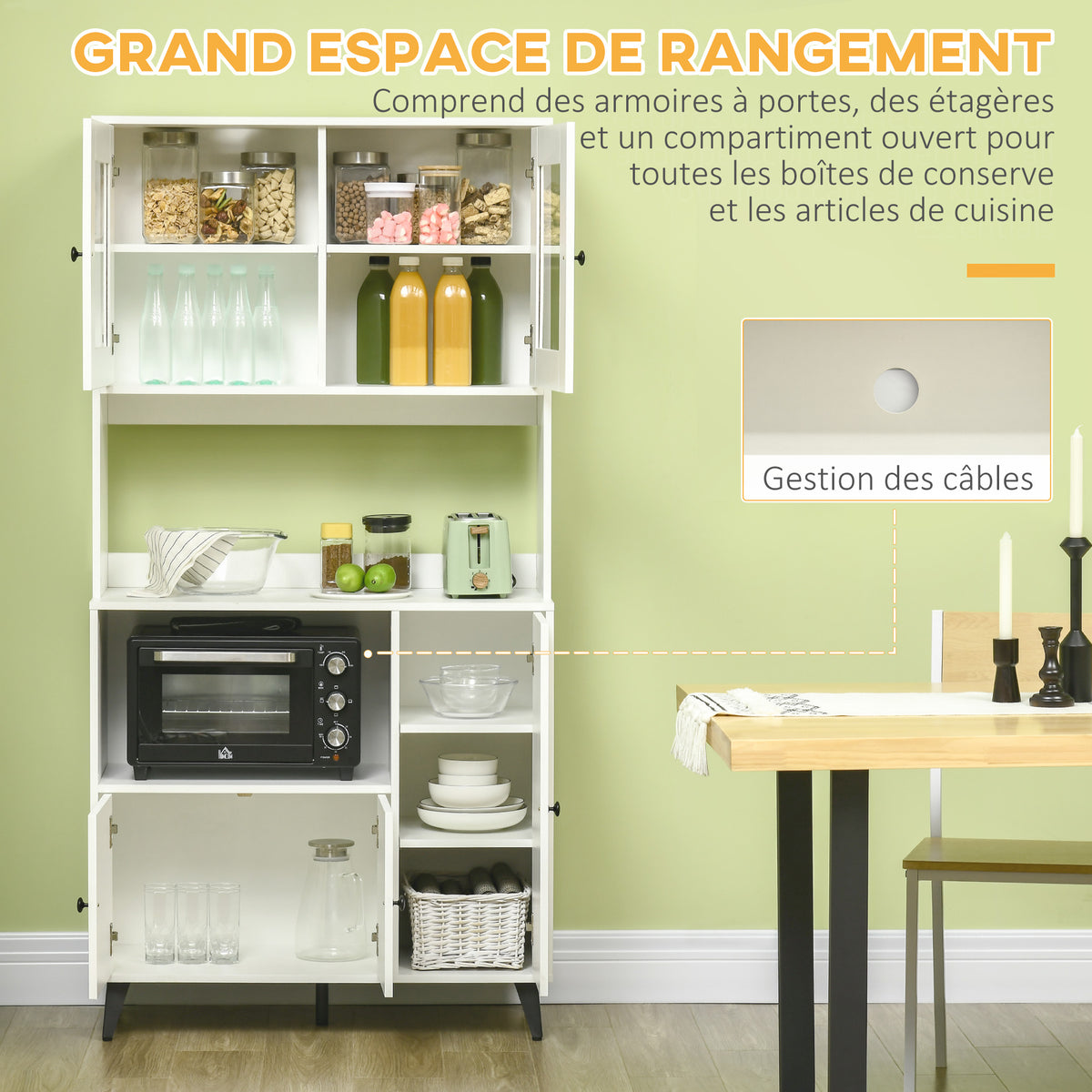 Armoire de cuisine avec 3 placards, niches, étagères réglables, portes vitrées, passe-câble, 90x40x180cm, blanc-3