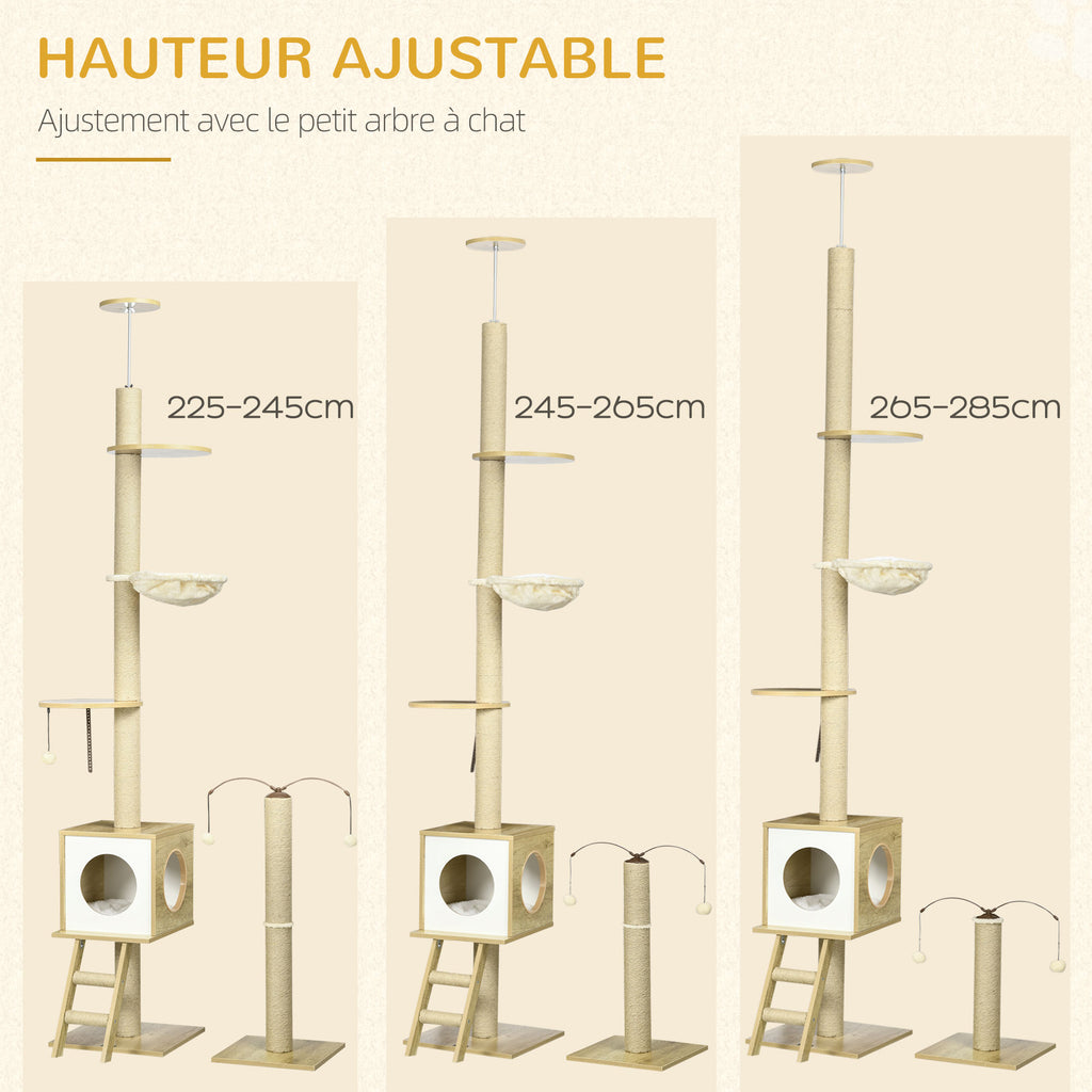 Arbre à chat sol au plafond hauteur réglable 225-285 cm avec poteau à gratter 4 niveaux niche hamac échelle jeux beige-5