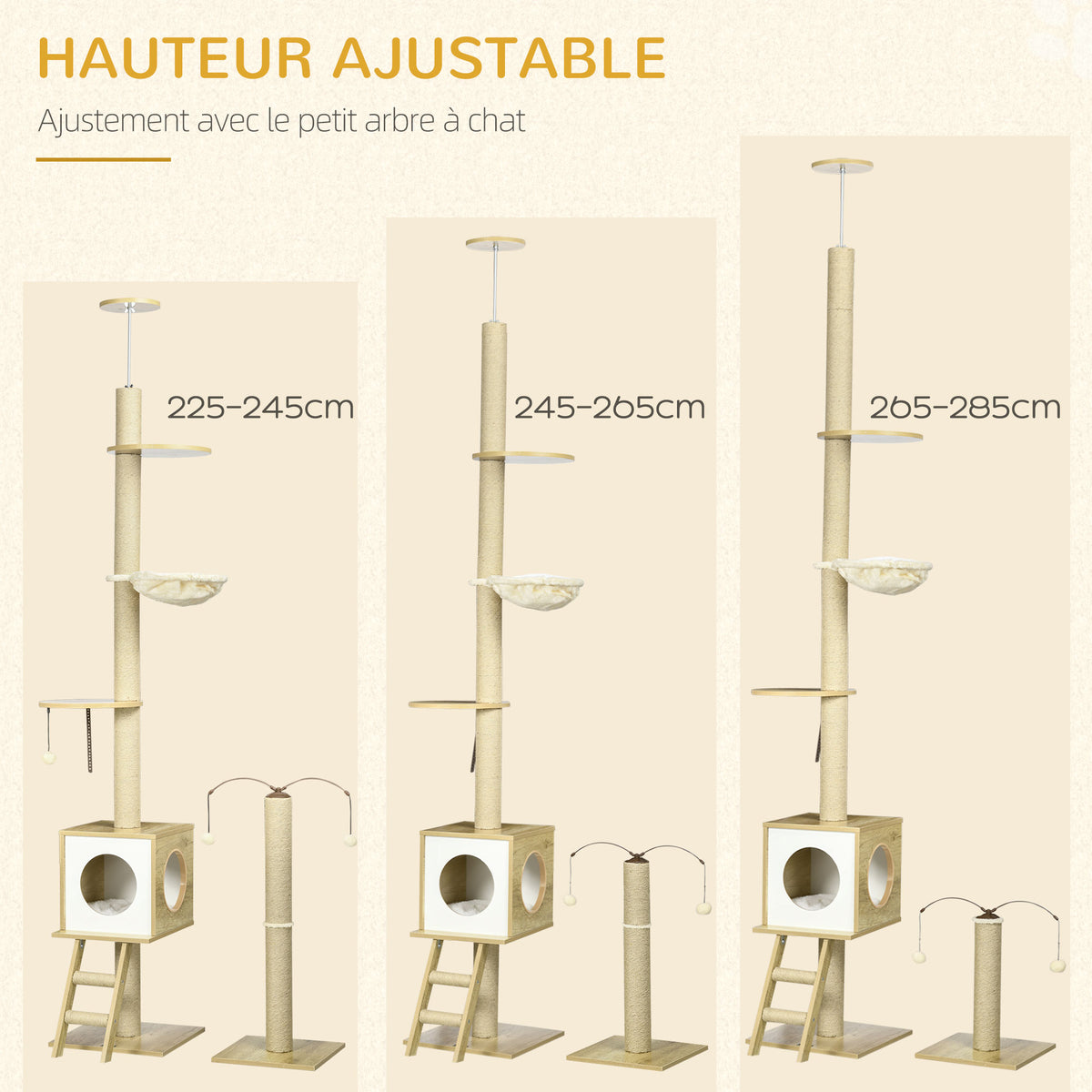 Arbre à chat sol au plafond hauteur réglable 225-285 cm avec poteau à gratter 4 niveaux niche hamac échelle jeux beige-5