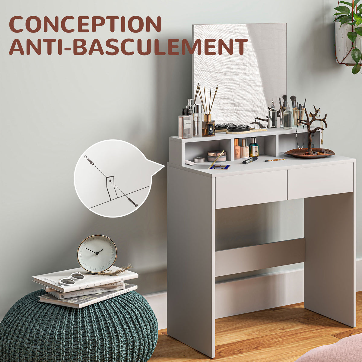 Coiffeuse avec miroir, table de maquillage avec 2 tiroirs et 3 compartiments, style moderne, 75 x 38 x 135 cm, blanc-5