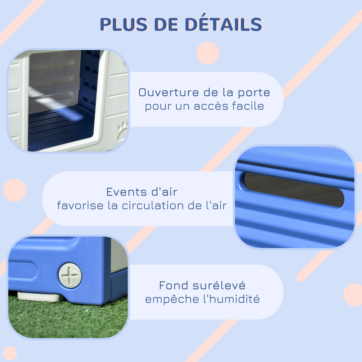 Niche pour chien extérieure en plastique maison pour chiens avec bouches d'aération bleu et blanc-6