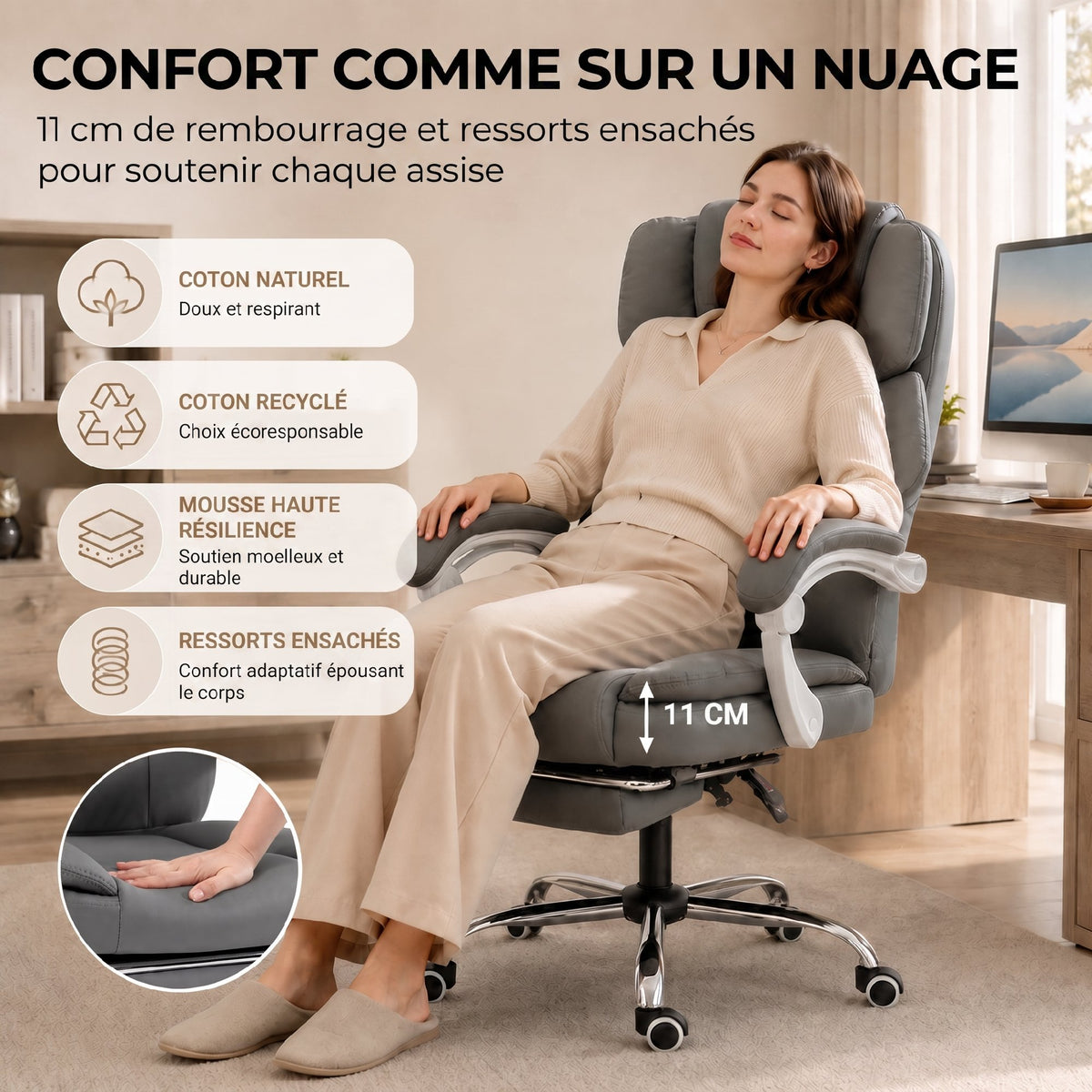 Chaise Bureau Ergonomique, Fauteuil de Bureau Inclinable en Cuir Synthétique Adapté aux Animaux, Hauteur Réglable, Gris-3