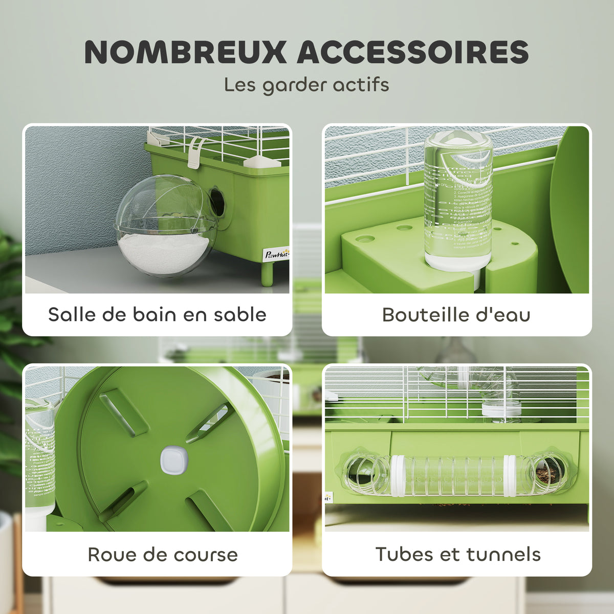 Cage pour hamster  à 2 niveaux avec roue de course salle de bain en sable pour hamster nain 44,5 x 28 x 44 cm vert-4