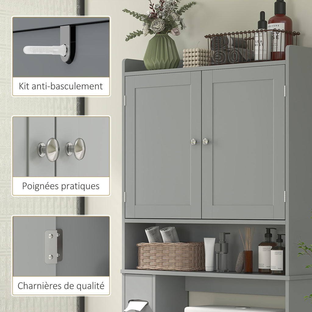 Meuble WC dessus de toilette ou machine à laver, 2 portes, 3 compartiments, porte-papier toilette, 80x19,5x170cm, gris-5