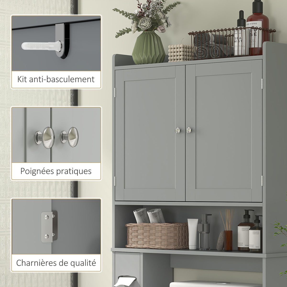 Meuble WC dessus de toilette ou machine à laver, 2 portes, 3 compartiments, porte-papier toilette, 80x19,5x170cm, gris-5