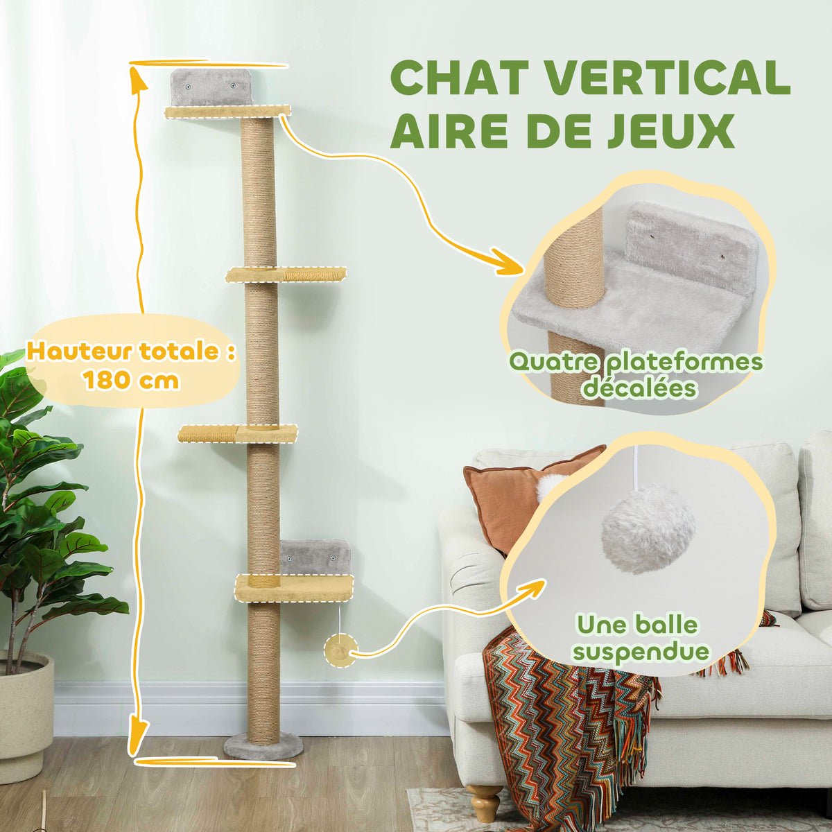 Étagères Murales pour Chat 180 cm, 4 Plateformes d'Escalade, Poteau à Griffer en Jute et Jouet Suspendu, Gris Clair-3