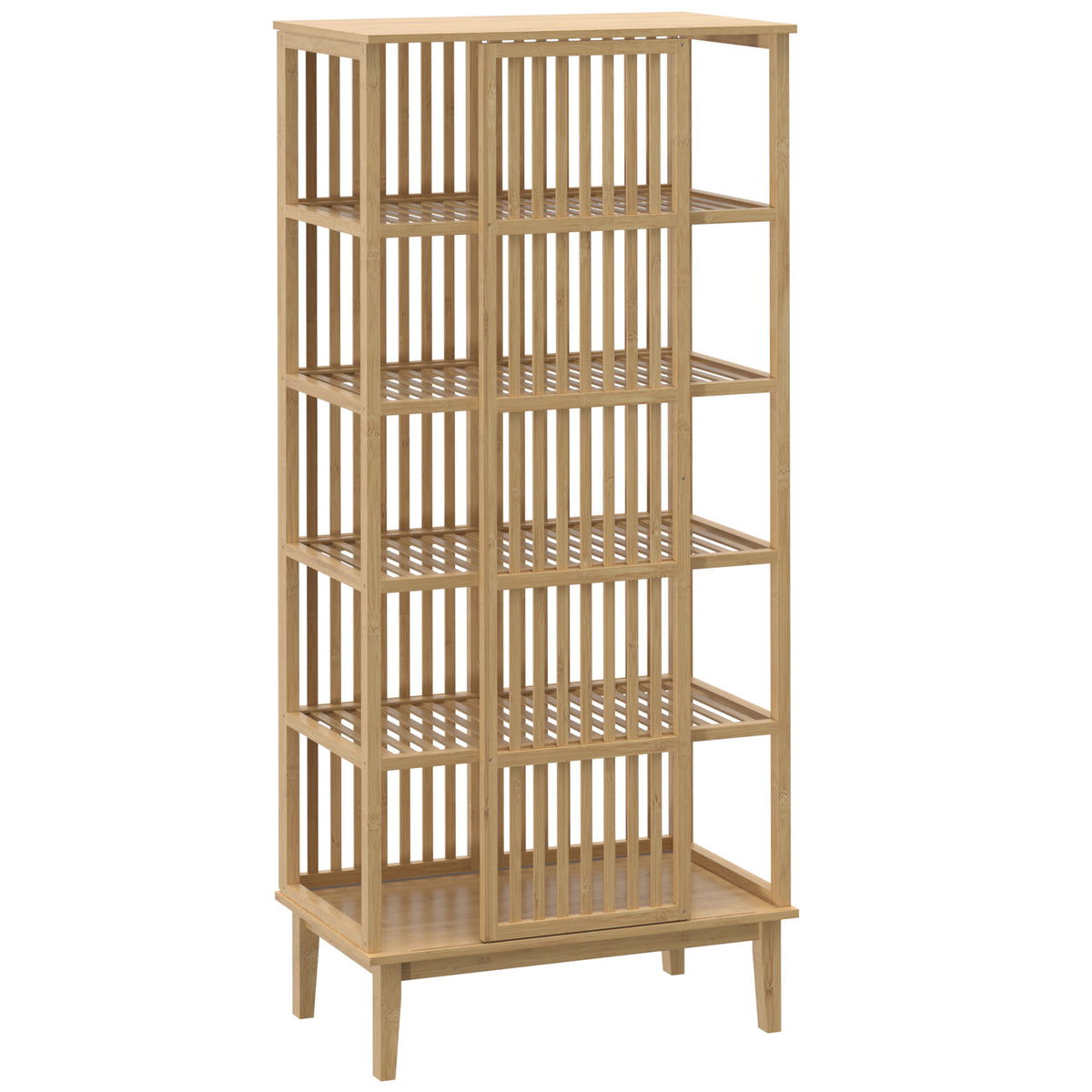 Armoire Chambre Penderie en Bambou 5 Niveaux avec Porte Coulissante, Design Aéré à Lattes, Bois Naturel-0