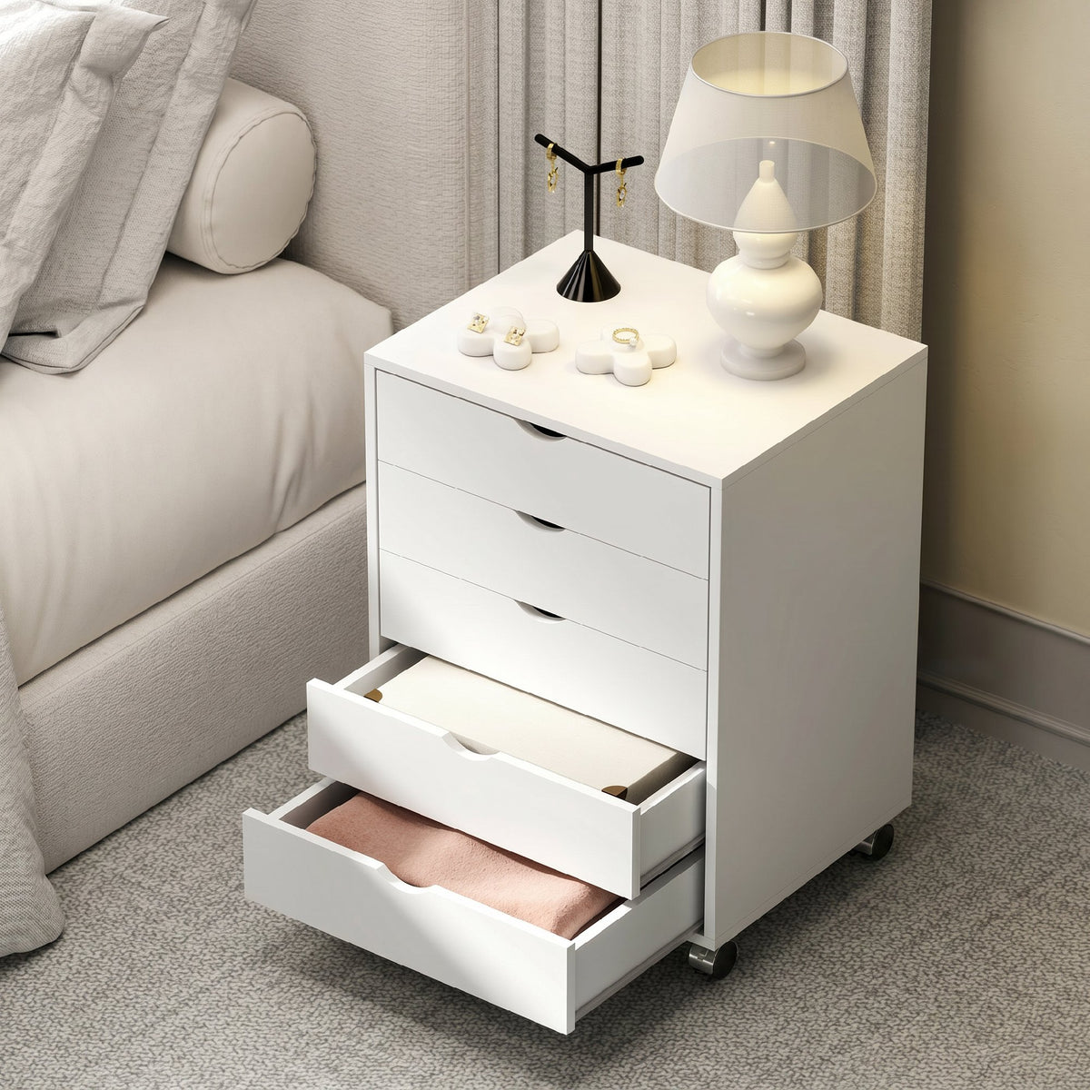 Caisson bureau mobile avec 5 tiroirs, meuble rangement bureau à roulettes pour documents A3/Lettre/A4, blanc-6