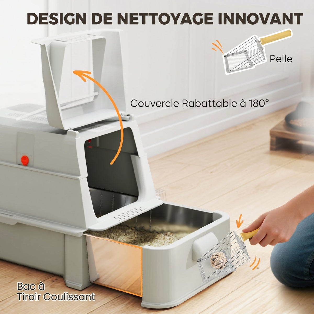 Bac à Litière pour Chat 80L en Inox avec Couvercle Rabattable à 180°, Tiroir Coulissant, Pelle, 63x43x43cm, Gris Clair-3