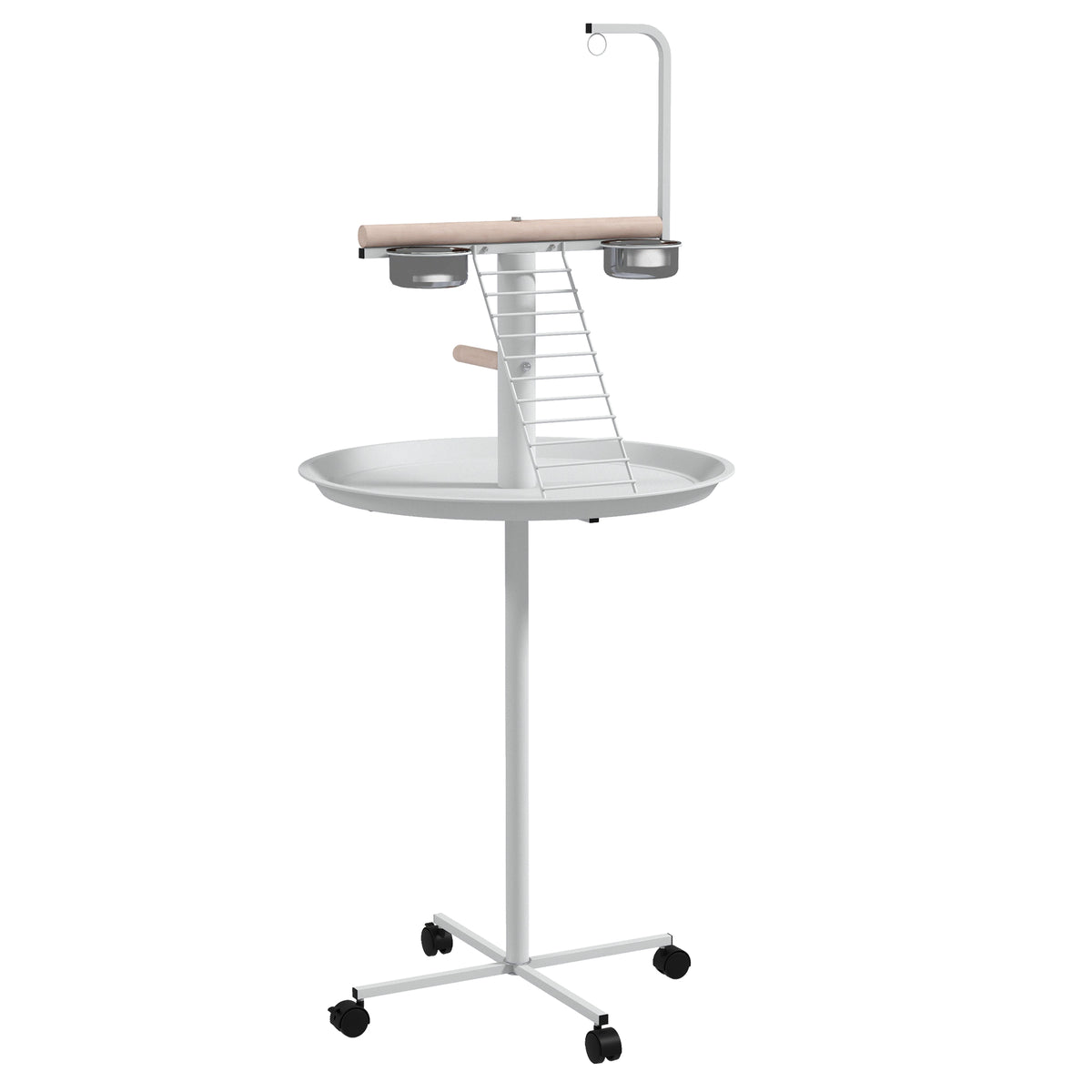 Mangeoire à oiseaux sur pied avec 4 roulettes perchoir 2 bols amovibles plateau rond acier inoxydable Ø 60 x 138H cm blanc-0