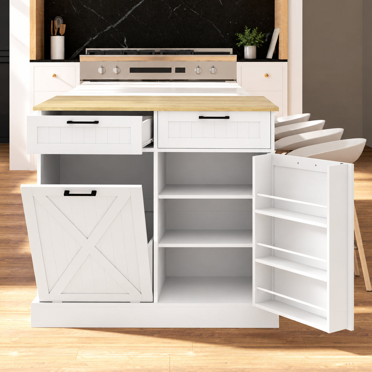 Buffet cuisine avec meuble poubelle 38L, meuble cuisine rangement, 2 tiroirs, étagère à épices et plan de travail, blanc-1