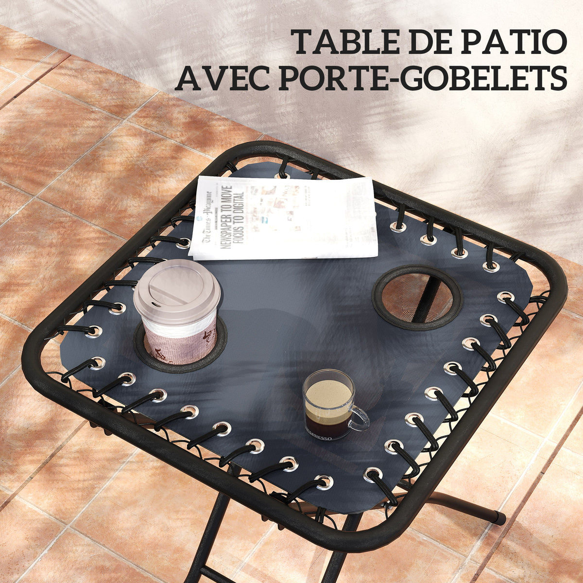 Lot de 2 chaise longue pliable et inclinable avec table d'appoint, porte-gobelets et appuie-têtes, charge 120 kg, gris-4